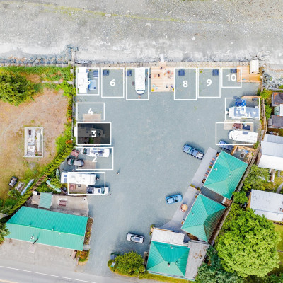 Aerial shot of RV park; Space 3 is highlighted among 12 spaces.