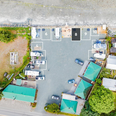 Aerial view with focus on Space 8 in a 12-space RV lot.