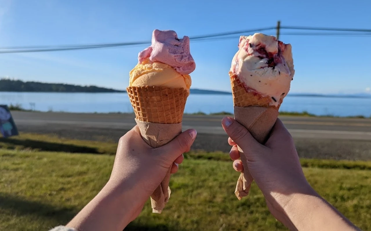 Two hands holding waffle cones with scoops of colourful ice cream against a backdrop of a serene ocean view and clear blue sky.