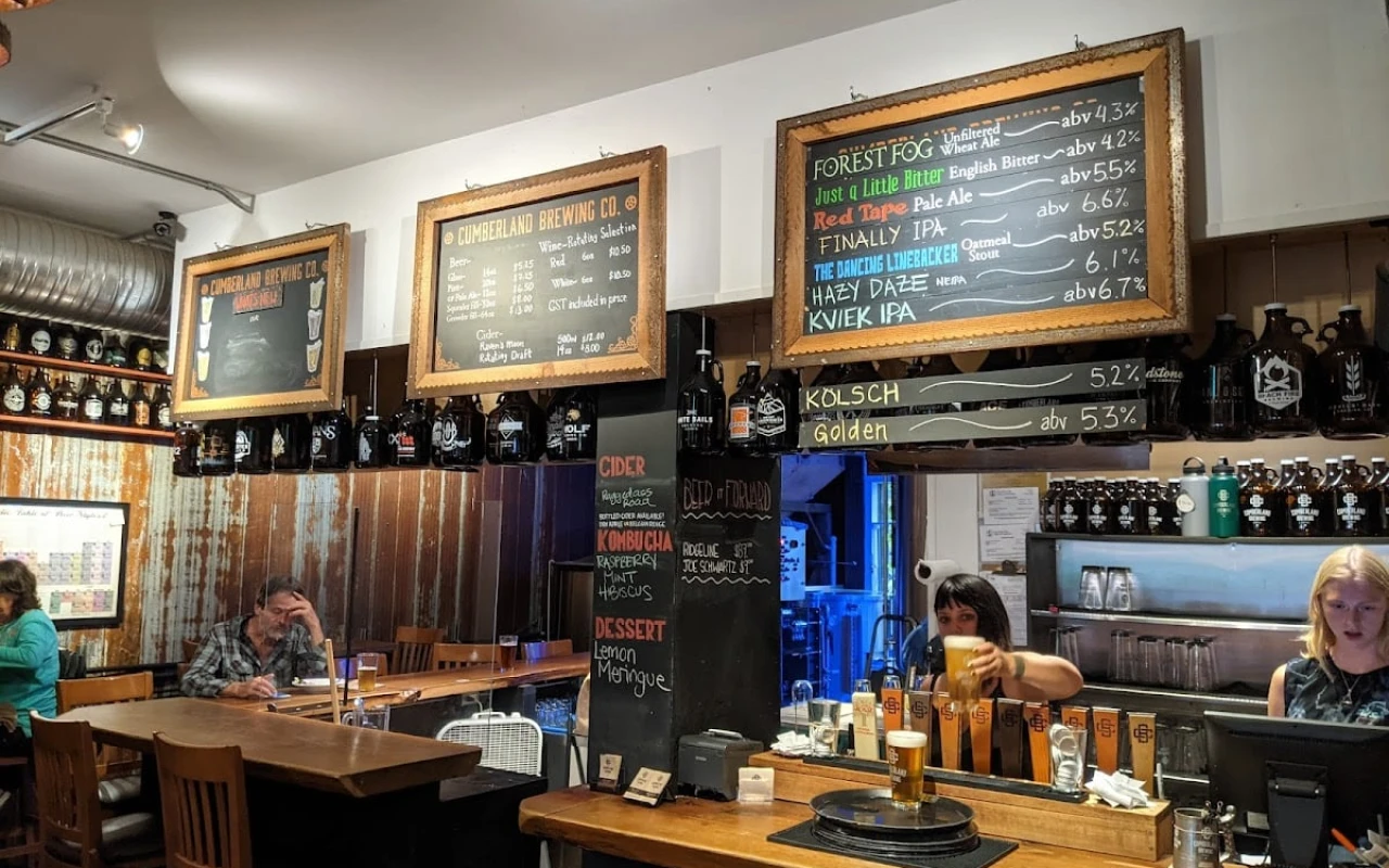 An inviting interior of Cumberland Brewing Co., showcasing a wooden bar with various beer taps and a selection of growlers displayed on the shelves behind. Chalkboards hang above listing the different beers available.